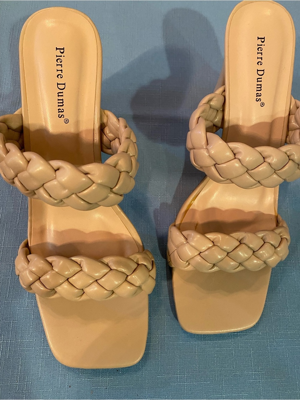 Pierre Dumas Braided Double-Strap Slide Sandals with 3” heal in Beige